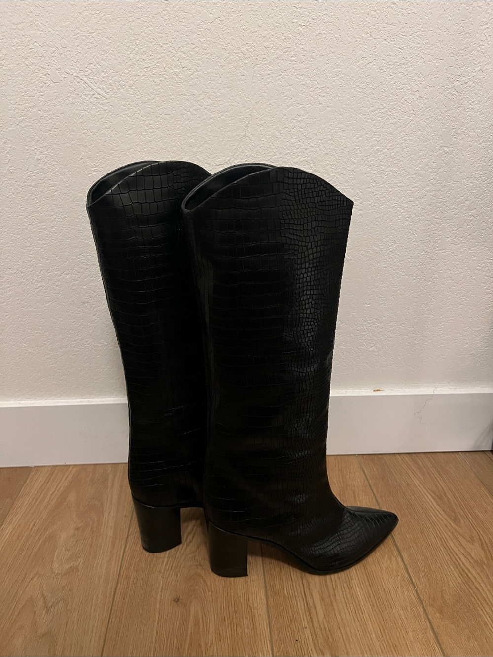 Schutz Black Croc-Embossed Knee Boots